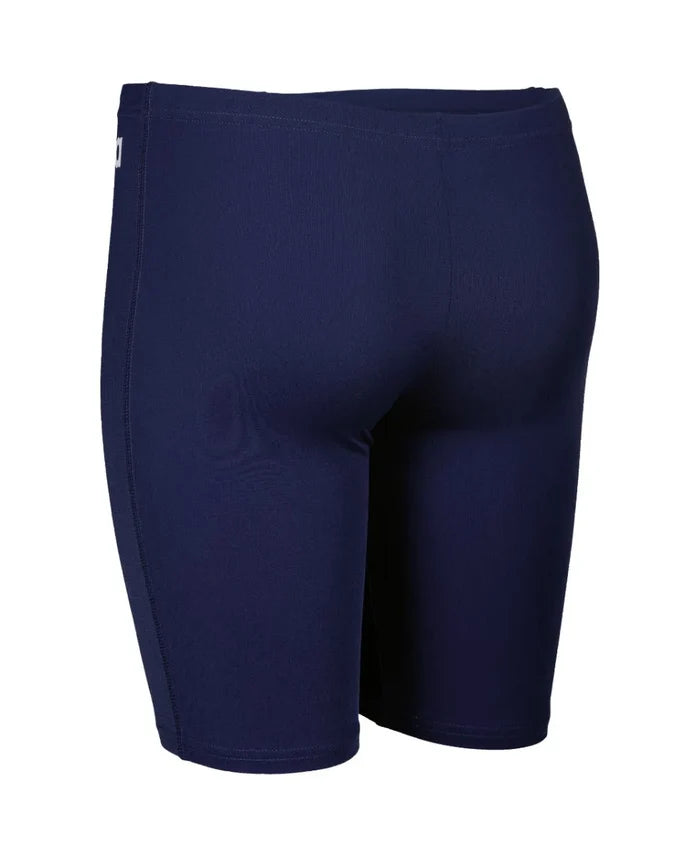 Arena boys' navy blue swim jammers featuring a solid design, ideal for competitive swimming and training.