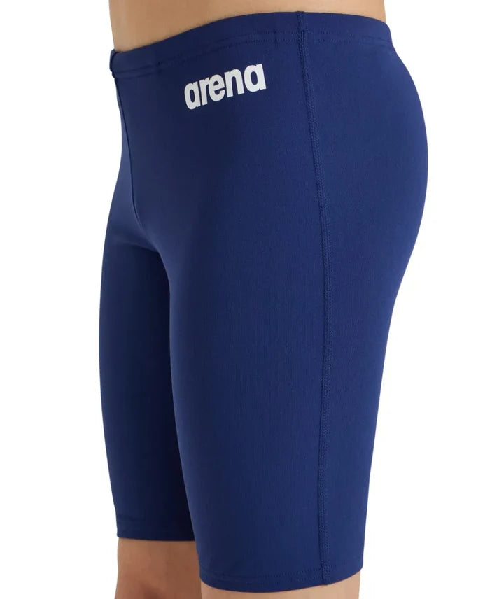 Arena boys' navy blue swim jammers, solid design, suitable for competitive swimming and training.