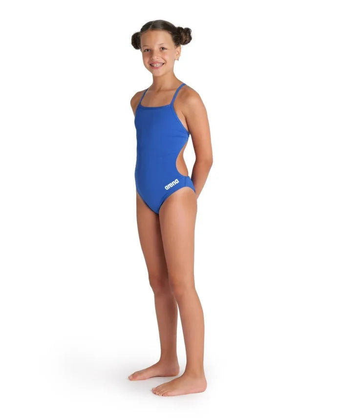 Blue Arena Girls Team Challenge Solid Swimsuit, sleek and comfortable for young swimmers, displayed on a swimsuit mannequin.