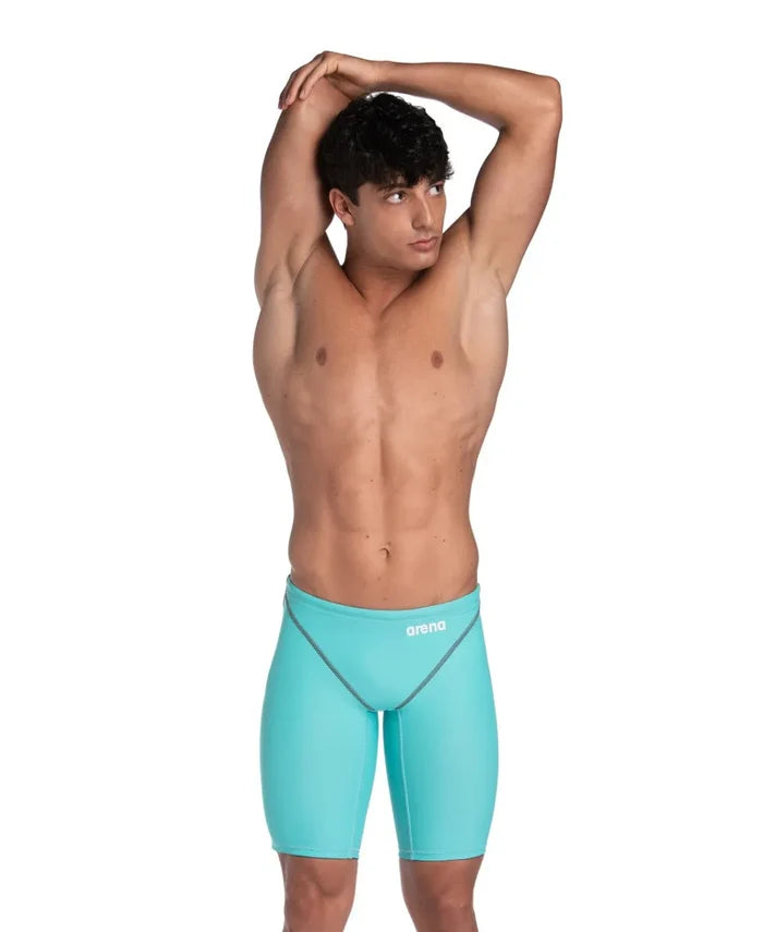 Arena men's Powerskin ST Next Jammer in aquamarine, close-up showing sleek swimwear fabric and fit for competitive swimming.