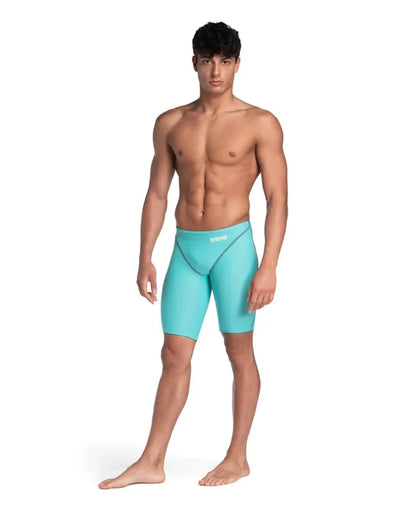 Arena men's Powerskin ST Next Jammer in aquamarine, designed for competitive swimming, featuring streamlined fit and durable fabric.