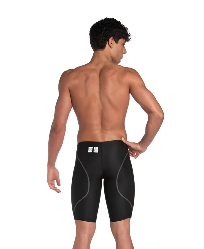 Arena men's Powerskin ST Next Jammer in black, close-up view showcasing the sleek, form-fitting swim jammer for competitive swimming
