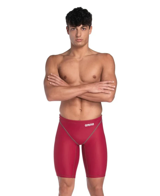 Arena men's Powerskin ST Next Jammer in deep red, close-up view showcasing sleek swimwear design and material.