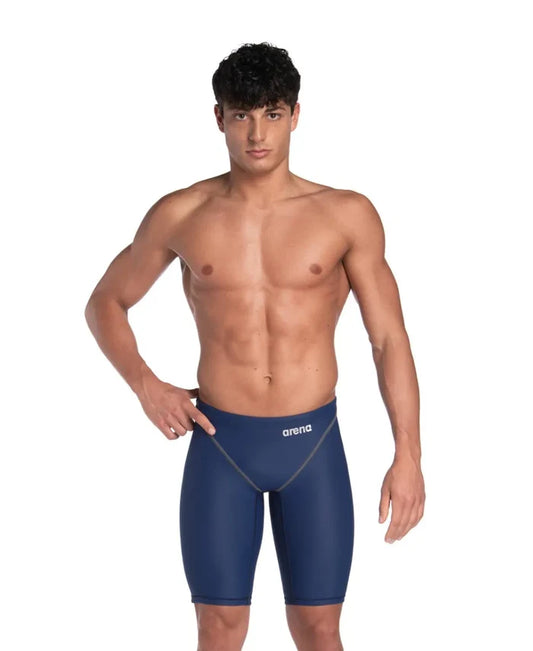 Arena men's Powerskin ST Next Jammer in navy, close-up view highlighting the sleek swimwear design and fabric texture.