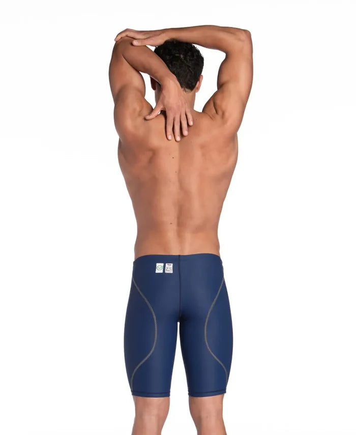 Arena men's Powerskin ST Next Jammer in navy, close-up of sleek, fitted swim jammer with branding and textured fabric detail.