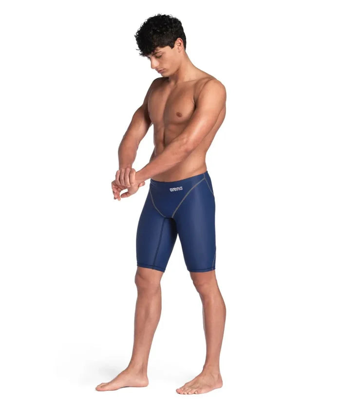 Arena men's Powerskin ST Next Jammer in navy, close-up view of the fitted swim jammer with sleek fabric and brand logo.