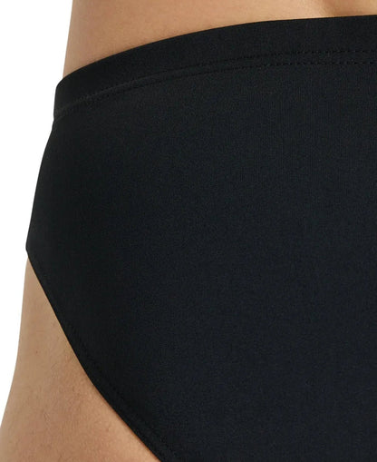 Black Arena men's team swim briefs with a solid design, featuring a snug fit and elastic waistband for competitive swimming.