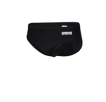 Black Arena men's team swim briefs with a snug fit and solid design, suitable for competitive swimming and training.