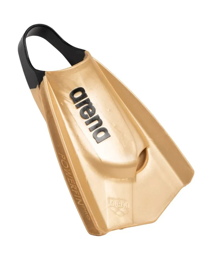 Arena Powerfin Pro II Gold training fins for swimming, featuring a sleek gold design and ergonomic foot pocket for efficient kicks.