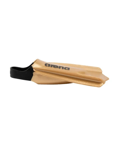 Arena Powerfin Pro II training fin in gold, showcasing a sleek design and flexible fin blade for swimming training.