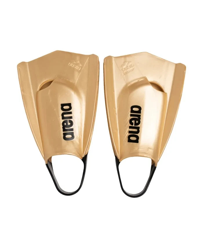 Arena Powerfin Pro II training fin in gold, designed for swimming practice, featuring a sleek fin with adjustable strap and lightweight construction.