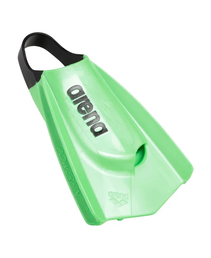Green Arena Powerfin Pro II training fins for swimming, showing the sleek fin design and adjustable strap for water training.