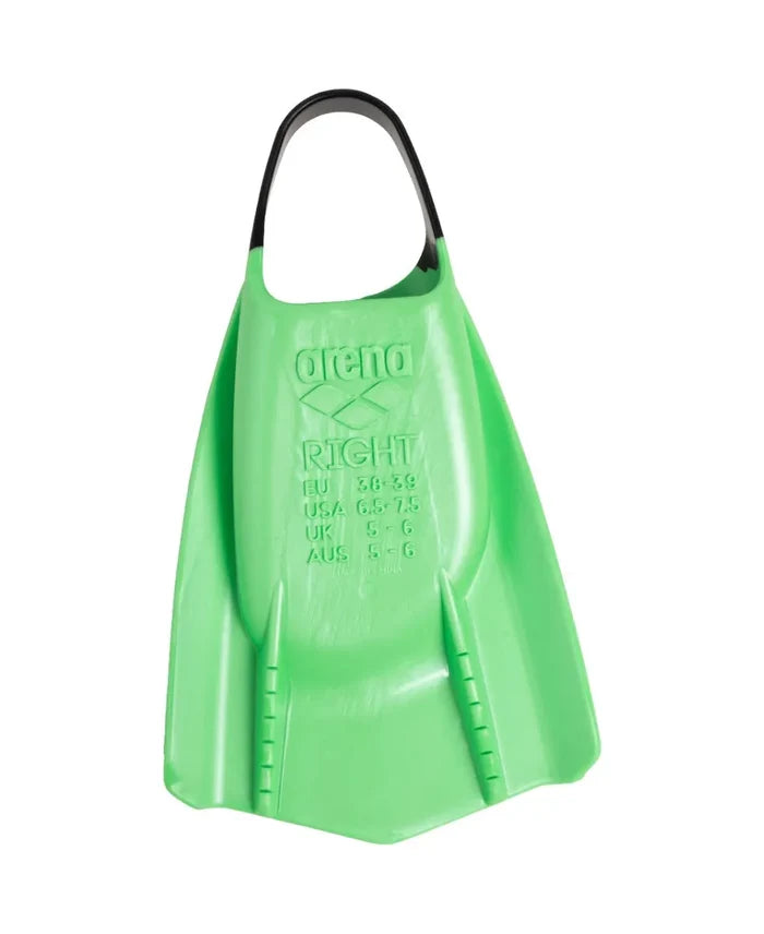 Green Arena Powerfin Pro II training fins for swimming, featuring a sleek design and comfortable fit for enhanced performance.
