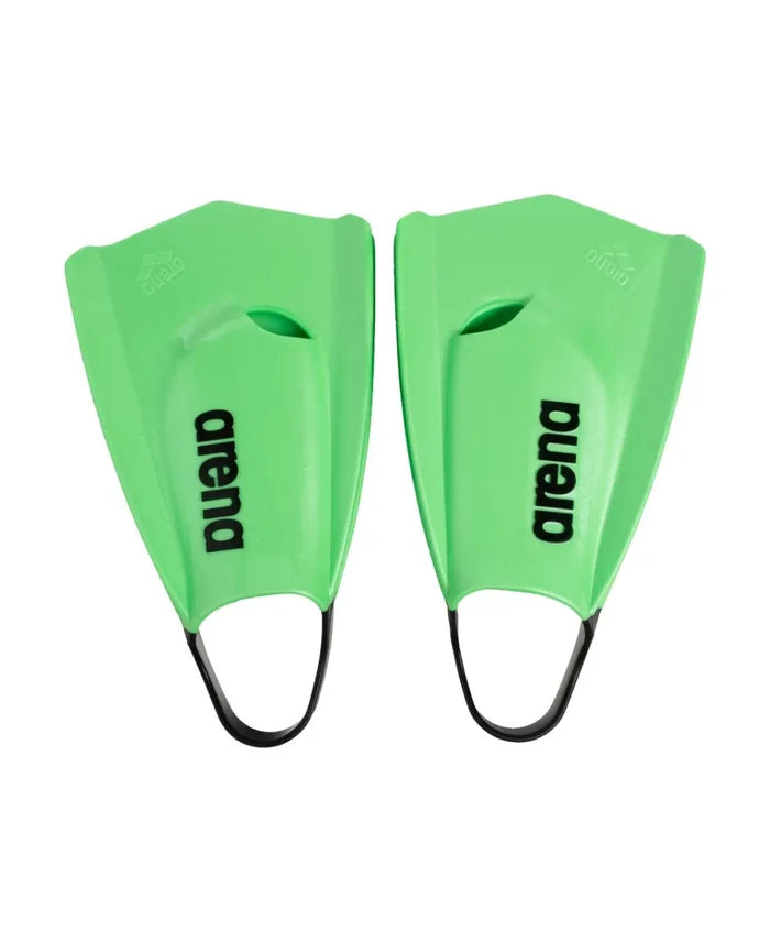 Green Arena Powerfin Pro II training fins for swimming, featuring a sleek design and adjustable strap for optimal performance.