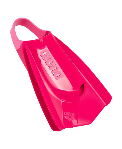 Pink Arena Powerfin Pro II training fins for swimming, showing sleek design and adjustable foot pocket for comfortable fit.
