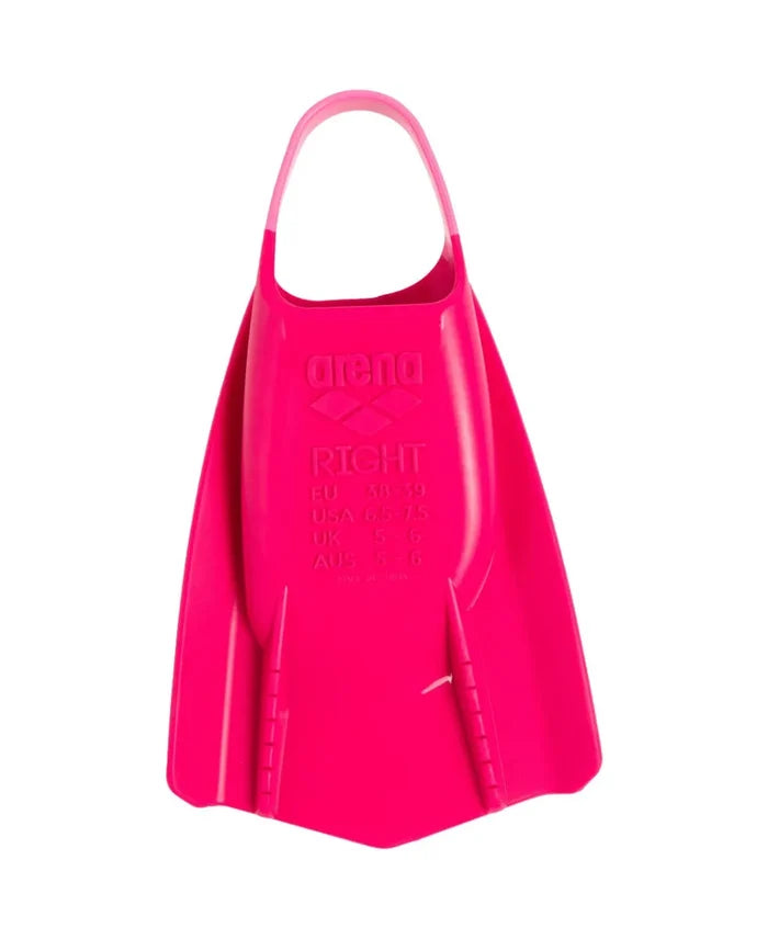 Pink Arena Powerfin Pro II training fins for swimming, shown with adjustable strap and streamlined design for aquatic workouts.