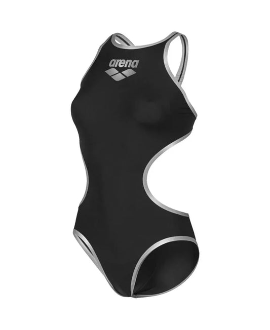 Arena women's open-back swimsuit in black and silver with large logo, featuring a stylish design and comfortable fit.