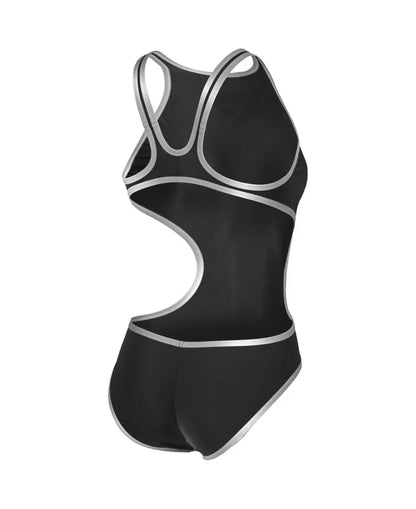Black and silver Arena women's open-back swimsuit with bold logo design, featuring a sleek, sporty style perfect for swimming.