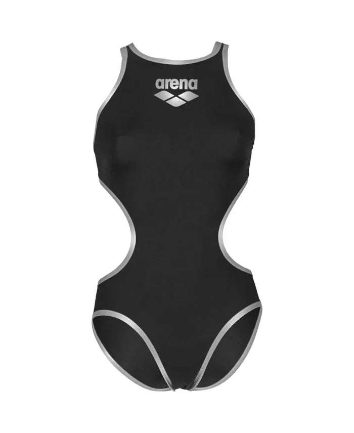 Arena women's open-back swimsuit in black and silver with a bold logo, designed for active swimming and stylish performance.