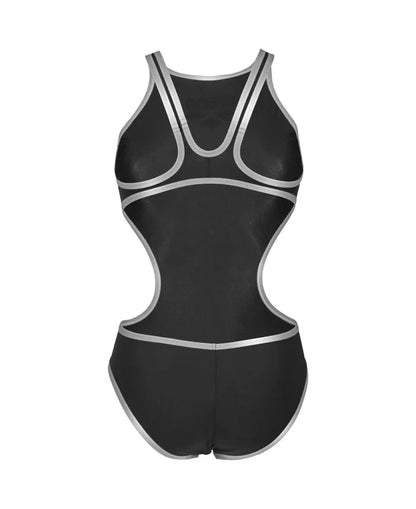 Arena women's open back swimsuit in black and silver with bold logo design, featuring a sleek one-piece style perfect for swimming.