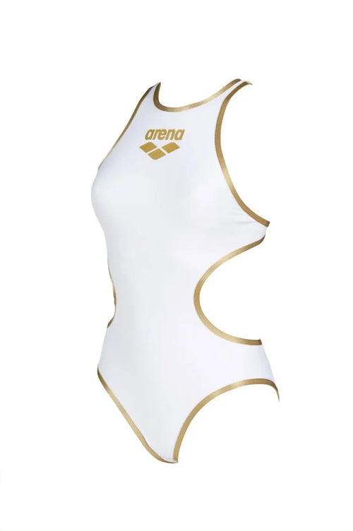 Arena women's One Biglogo swimsuit in white and gold, featuring a sleek design and bold logo on the front.
