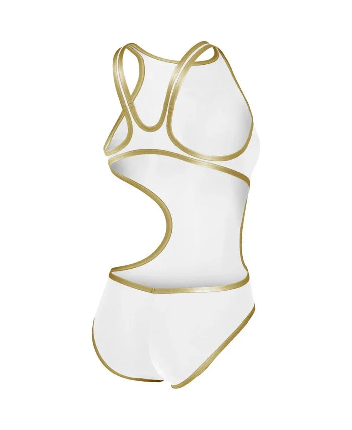 Arena women's One Biglogo swimsuit in white and gold, featuring a sleek design and logo detail, perfect for swimming.