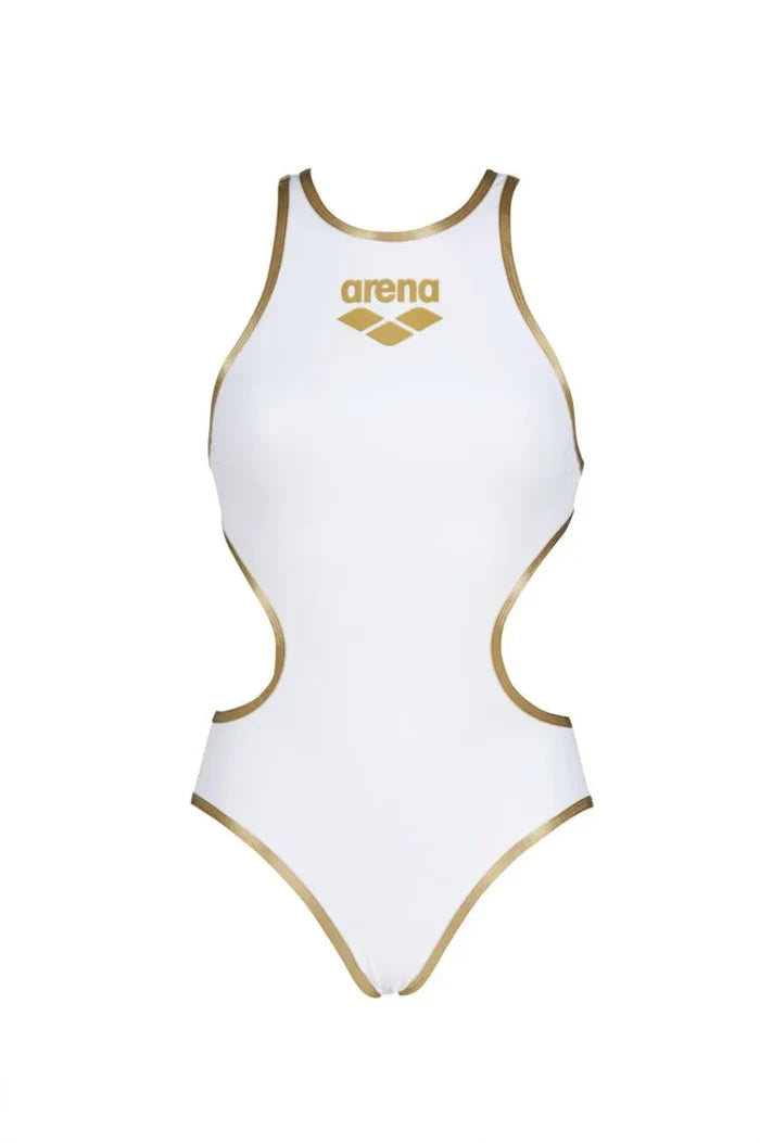 Arena women's One Biglogo swimsuit in white and gold, featuring a sleek design and bold logo on a stylish swimwear piece.