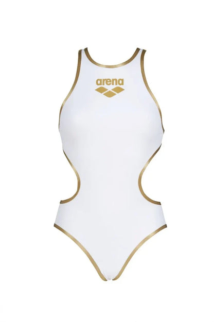 Arena women's One Biglogo swimsuit in white and gold, featuring a sleek design and bold logo on a stylish swimwear piece.