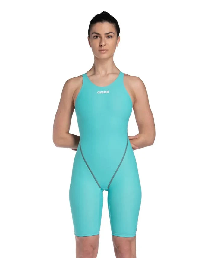 Arena Women's Powerskin ST Next Kneesuit in aquamarine, close-up showing sleek, form-fitting design and textured fabric for competitive swimming.