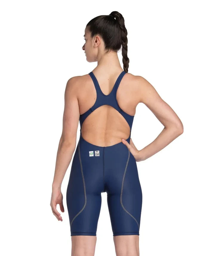 Arena Women's Powerskin ST Next Kneesuit in navy, close-up view showing sleek fabric and fitted design for competitive swimming.