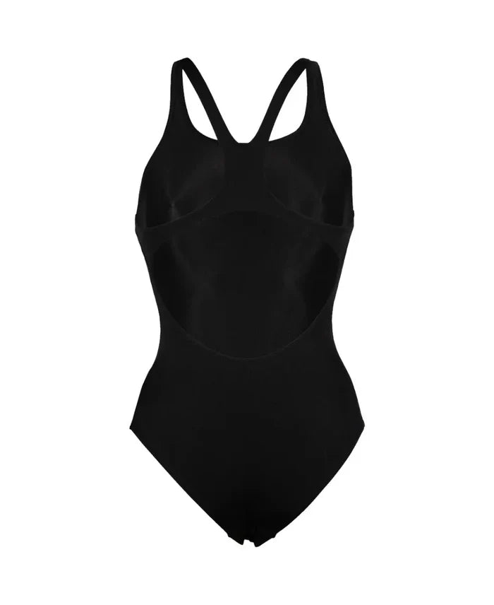 Black Arena Women's Team Swim Pro Solid Swimsuit displayed on a model with sleek, streamlined design for competitive swimming.