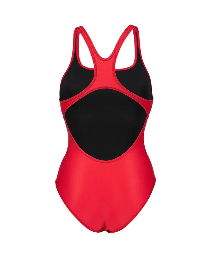 Red Arena Women's Team Swim Pro solid swimsuit displayed on a model, designed for competitive swimming and training.