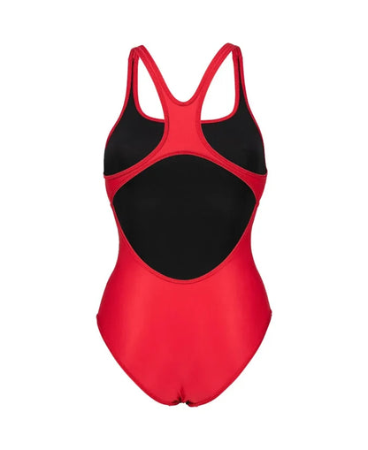 Red Arena Women's Team Swim Pro solid swimsuit displayed on a model, designed for competitive swimming and training.