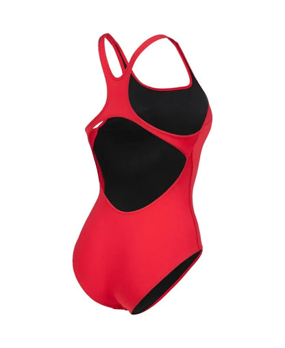 Red Arena Women's Team Swim Pro Solid Swimsuit, a sleek and fitted one-piece swimwear for women, shown on a model.