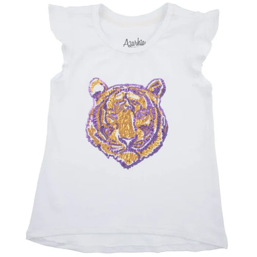 Azarhia Purple/Gold Sequin Tigers Face Angel Sleeve Shirt-White