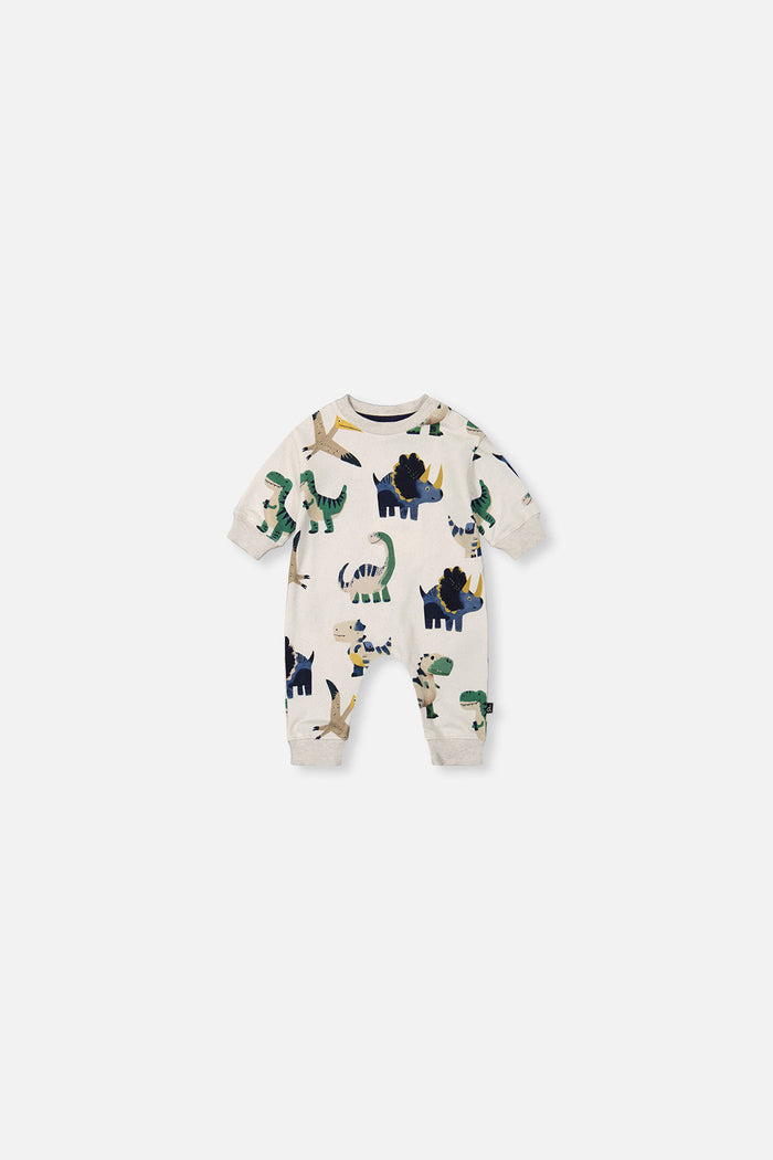Baby Fleece Jumpsuit Beige Dinosaur Print-0