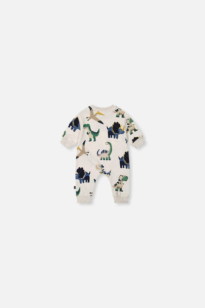 Baby Fleece Jumpsuit Beige Dinosaur Print-1