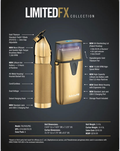 BabylissPRO Limited Edition GOLDFX Trimmer and UVFOIL Single-Foil Shaver Combo # FXLFHOLPKG - Palms Fashion Inc.