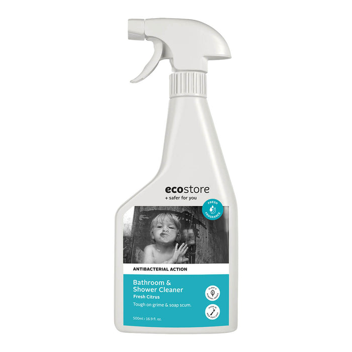 A white spray bottle labeled 'ecostore Bathroom & Shower Cleaner' with a picture of a shower screen with a child pressing their face up to it.