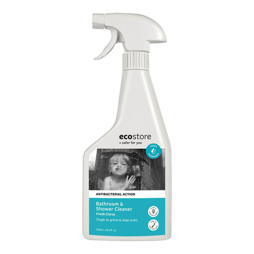 A white spray bottle labeled 'ecostore Bathroom & Shower Cleaner' with a picture of a shower screen with a child pressing their face up to it.