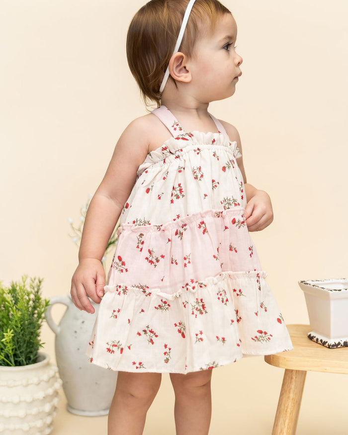 Bijou Tiered Floral Baby Dress + Bloomer (Organic) - Lifestyle Model