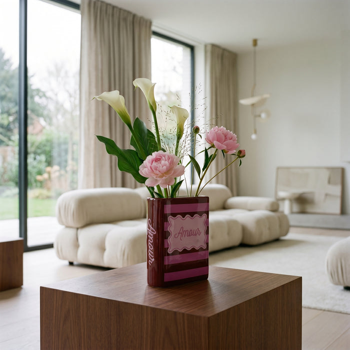 Bloemenvaas - Boek Vaas - Rood/Roze - Dolomiet - 16,5x7,5x21,5cm