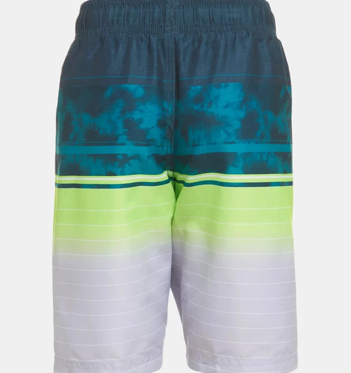 Back view of Under Armour boys swim shorts with tie-dye stripe print