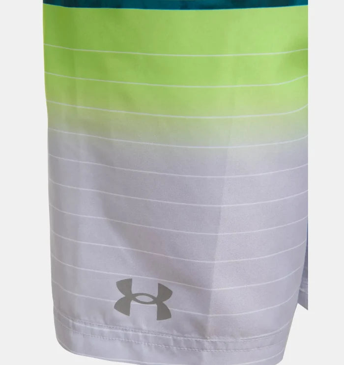 Close-up of Under Armour boys volley shorts with UPF 50+ stripe design