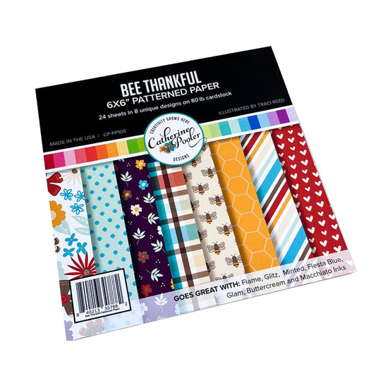 Catherine Pooler - 6x6 Patterned Paper - Bee Thankful. Add a bee-utiful touch to your cards with the Bee Thankful Patterned Paper. This pack is a lovely mix of floral and bee inspired patterns and coordinating prints. Available at Embellish Away located in Bowmanville Ontario Canada.