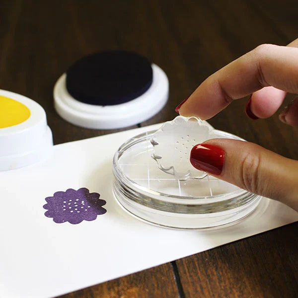 Catherine Pooler - Acrylic Grid Stamping Block - 2-3/4" Round. 2.75" clear acrylic grid. Available at Embellish Away located in Bowmanville Ontario Canada.