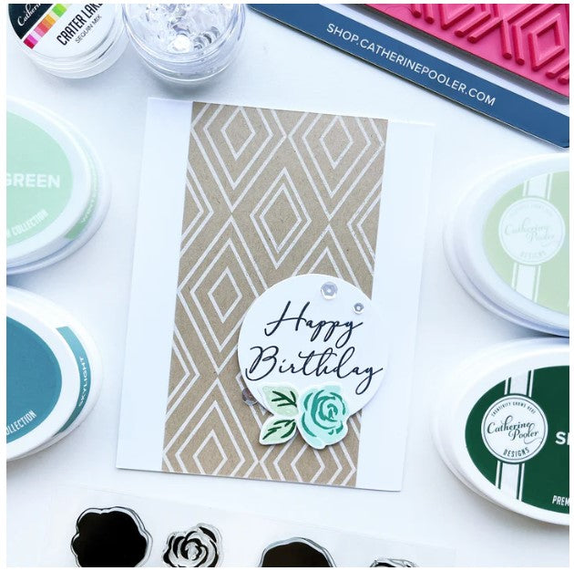 Catherine Pooler - Background Stamp - Diamonds Are Forever. They say diamonds are forever and this background stamp will forever be a favorite! This geometric nesting diamond pattern will add a just right design to your card's background. Available at Embellish Away located in Bowmanville Ontario Canada. Card example by brand ambassador.