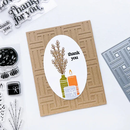 Catherine Pooler - Cover Plate Die - Woven Cover. Add a beautiful natural texture to your card with the Woven Cover Plate Die. The look of basket weave and is beautiful white on white or ink blended with your colors of choice. Available at Embellish Away located in Bowmanville Ontario Canada. Example by brand ambassador.