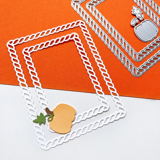 Catherine Pooler - Dies - Fall Frames. Add a rope look frame to your fall card or project with the Fall Frames Dies. This die features two sizes of rope dies and an additional pumpkin die set with the stem and vine. Available at Embellish Away located in Bowmanville Ontario Canada. Example by brand ambassador.
