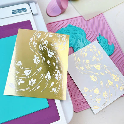 Catherine Pooler - Hot Foil Plate - Large Rectangle. Using the negative pieces from your previously foiled images, you can transfer the rest of the foil to a card layer with this solid plate. Available at Embellish Away located in Bowmanville Ontario Canada. Example by brand ambassador.